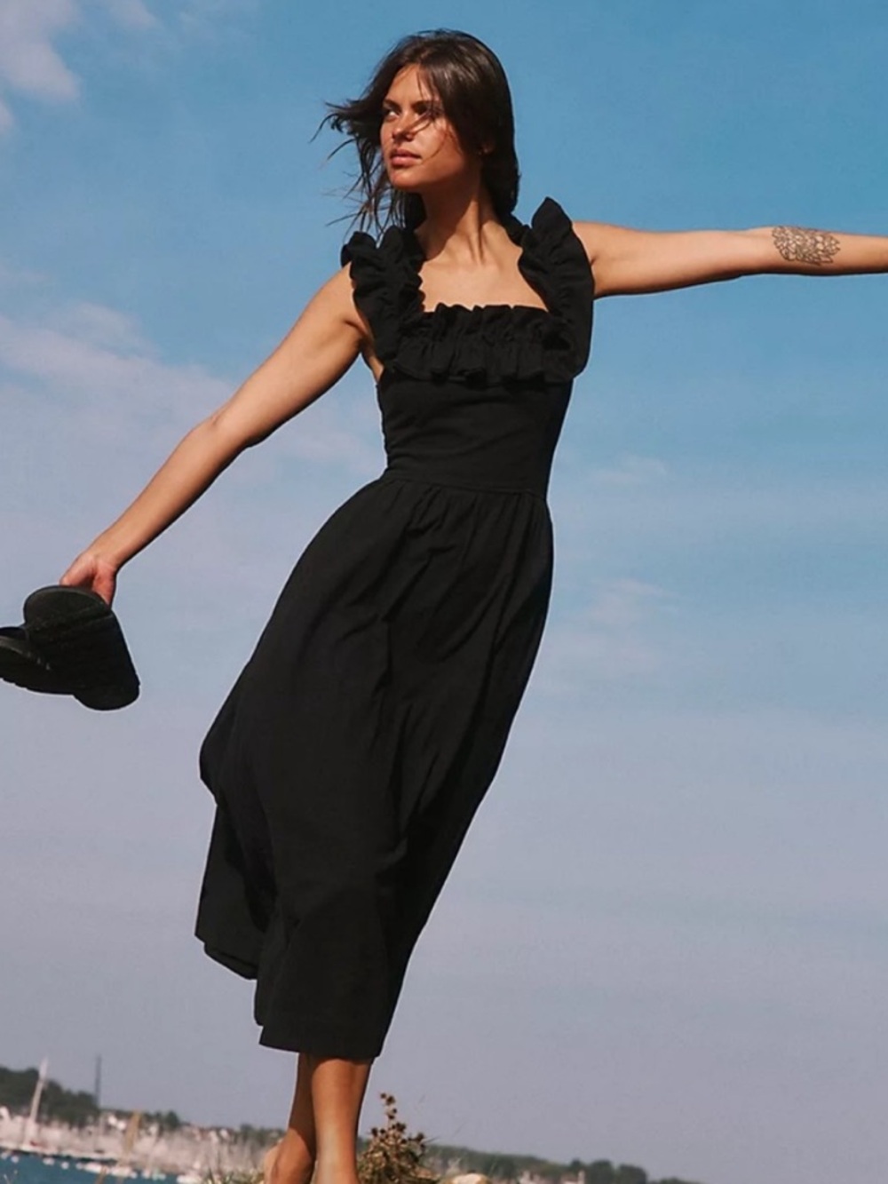 Free People Endless Summer Ruffle It Up 100% Cotton Midi Maxi Dress Solid Black